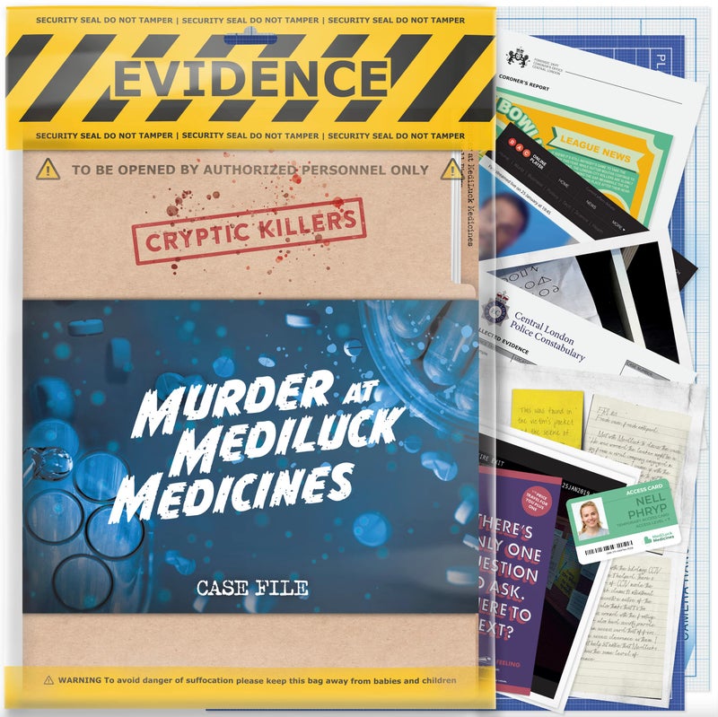 Cryptic Killers Unsolved murder mystery game - Police Case Files Investigation Detective Evidence & Crime File - individuals, date nights & party games- Murder at MediLuck Medicines - Image 1