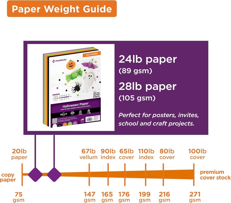 PrintWorks Halloween Paper 8.5" x 11" - 300 Sheets - 5 Assorted Colors - Ideal for School & Craft Projects - Made in the USA - FSC® Certified - 24 lb/89 gsm & 28 lb/105 gsm (00582) - Image 3