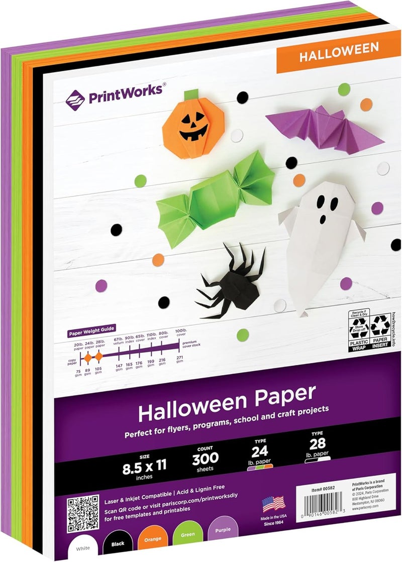 PrintWorks Halloween Paper 8.5" x 11" - 300 Sheets - 5 Assorted Colors - Ideal for School & Craft Projects - Made in the USA - FSC® Certified - 24 lb/89 gsm & 28 lb/105 gsm (00582) - Image 1