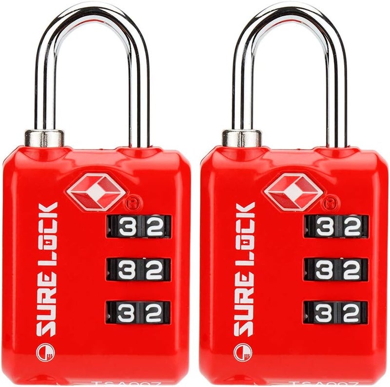SURE LOCK TSA Approved 3 Digit Luggage Locks with Zinc Alloy Body and Hardened Steel Shackle to Lock Travel Suitcase (RED 2 Pack) - Image 1
