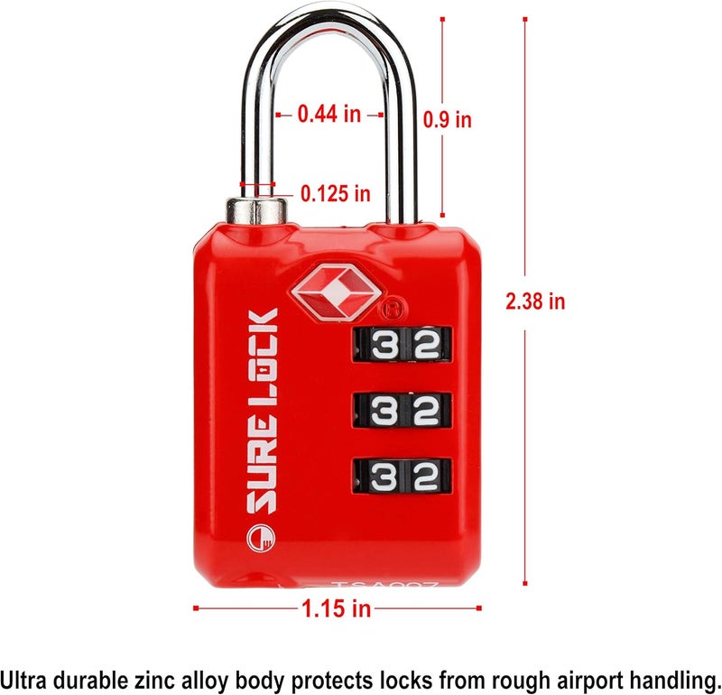 SURE LOCK TSA Approved 3 Digit Luggage Locks with Zinc Alloy Body and Hardened Steel Shackle to Lock Travel Suitcase (RED 2 Pack) - Image 4