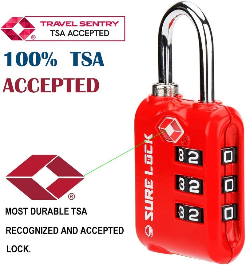 SURE LOCK TSA Approved 3 Digit Luggage Locks with Zinc Alloy Body and Hardened Steel Shackle to Lock Travel Suitcase (RED 2 Pack) - Image 2