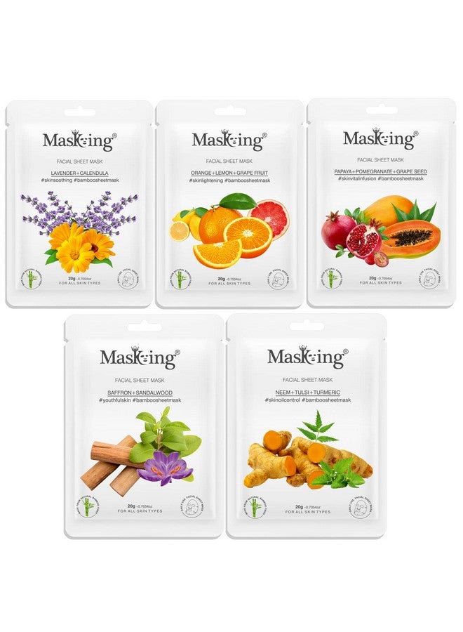MasKing Bamboo Facial Sheet Mask of Lavender, Orange, Papaya, Neem & Saffron Ideal for Women & Men, 100ml (Combo Pack of 5) - Image 1