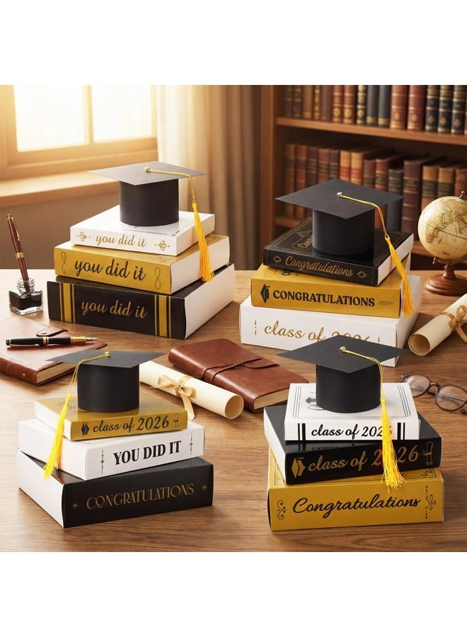 Dunzoom 4 Sets Graduation Tables Centerpieces Class of 2026, 4 Pcs Graduation Cap and 12 Pcs Paper Book Stack Sign Table Toppers, Party Decor Supplies for High School College Bachelor (Gold) - Image 4