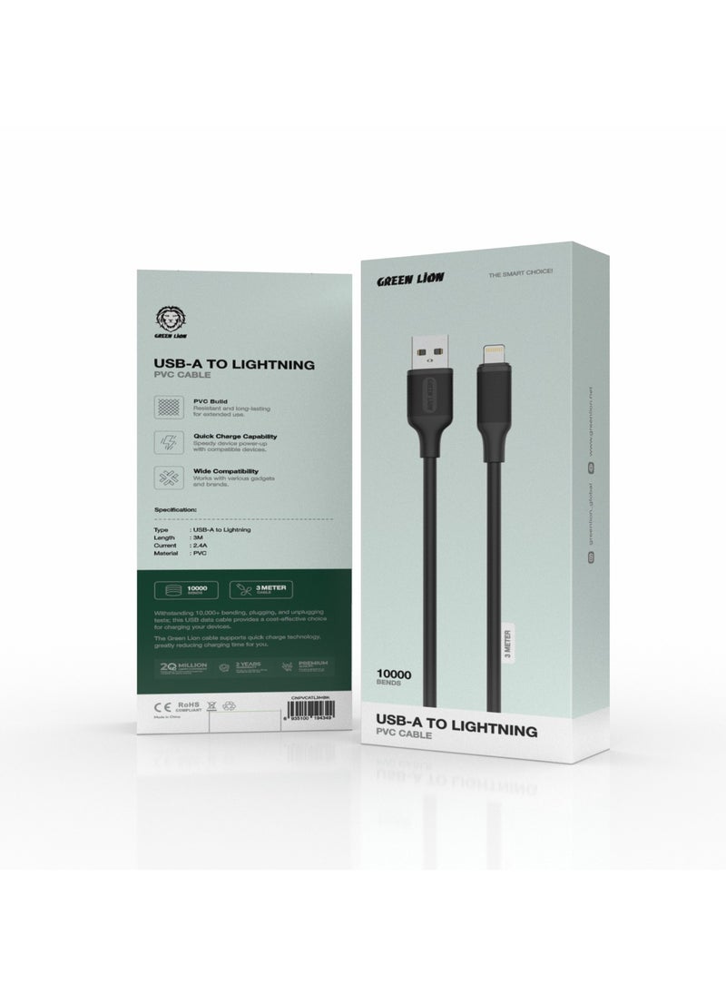 GREEN LION USB-A to Lightning PVC Cable 3M / 480mbps Transfer Speed / Quick Charge Capability / Wide Compatibility / 10000 Bends Life Span / Secure & Safe / Charge & Sync - Black  - Image 2