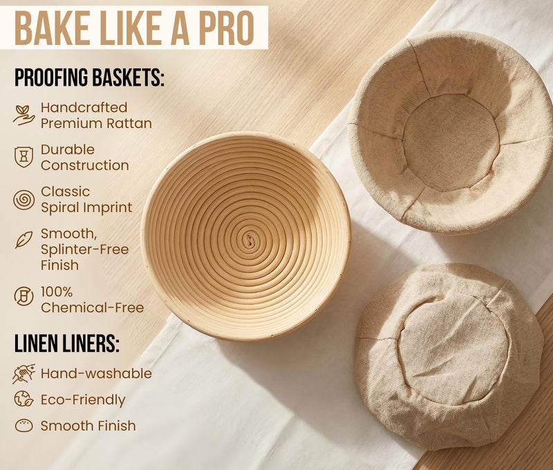 Kook Banneton Bread Proofing Baskets, Artisan Sourdough Bread Making Baskets, 9 Inch Handwoven Rattan Baskets and Cloth Liners, Set of 2, Round - Image 5