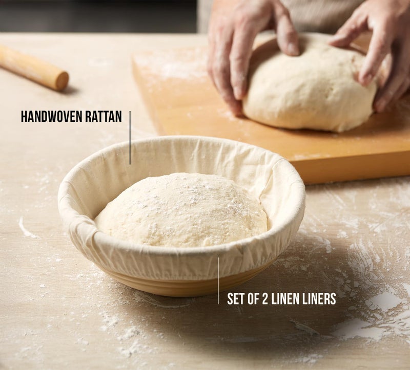 Kook Banneton Bread Proofing Baskets, Artisan Sourdough Bread Making Baskets, 9 Inch Handwoven Rattan Baskets and Cloth Liners, Set of 2, Round - Image 3