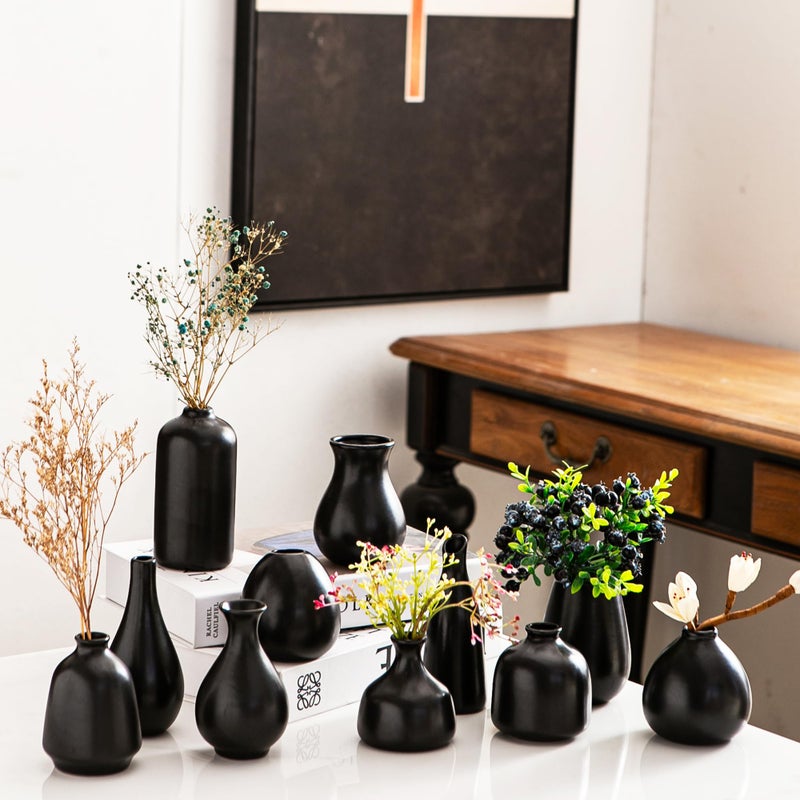 Kendiis Ceramic Bud Vases, Black Mini Vase Set of 11, Small Pottery Vases for Flowers Mini Ceramic Vases for Pampas Grass Vase Bulk for Wedding Table Centerpieces Decoration Boho Home Decor - Image 1