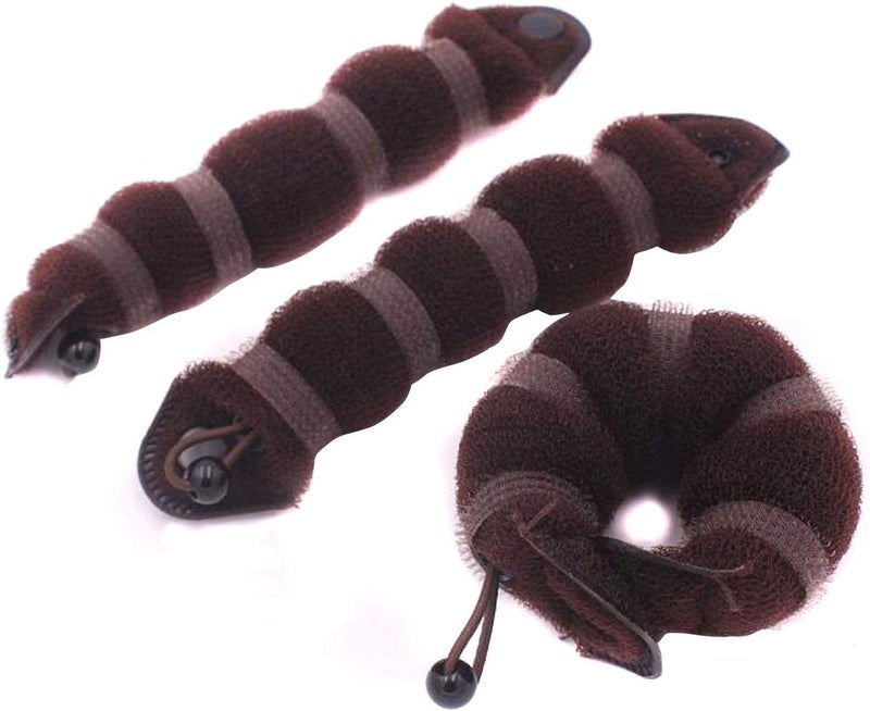 Set of 3 Magic Hair Styling Styler Hot Hair Donut Bun Ring Styler Maker Hair Clip Curler Tools Accessories 1 large2 small Brown