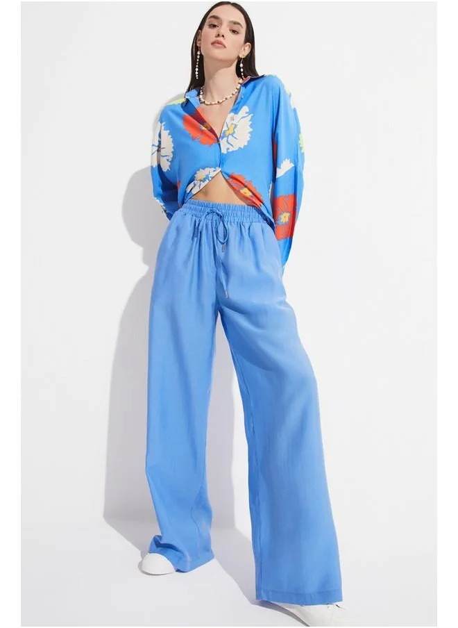 JUNE June Women Exclusive Elastic Waist Modal Blend Wide Leg Woven Trouser Blue