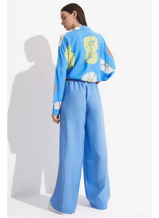JUNE June Women Exclusive Elastic Waist Modal Blend Wide Leg Woven Trouser Blue