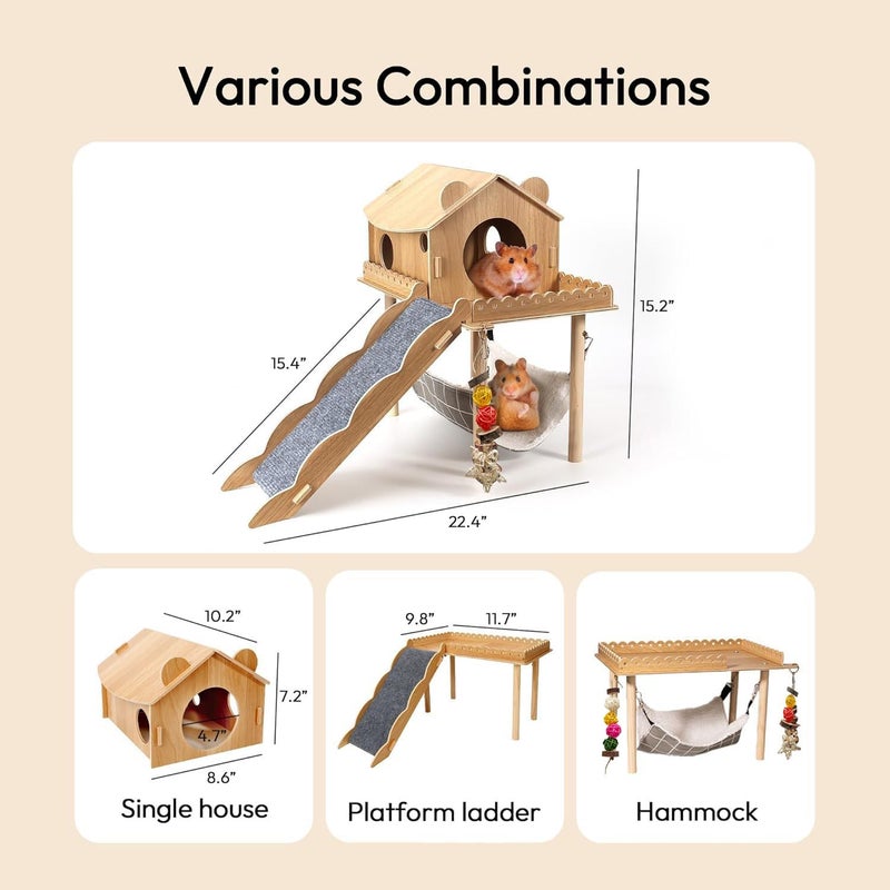 PStarDMoon 3-in-1 Guinea Pig Hideout, Large Wooden Guinea Pig House with Stairs, Hammock, Mat, and Chew Toys, Suitable for Small Rabbits, Guinea Pigs, Hamsters, and Other Rodents (Style 1) - Image 2