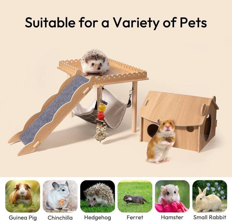 PStarDMoon 3-in-1 Guinea Pig Hideout, Large Wooden Guinea Pig House with Stairs, Hammock, Mat, and Chew Toys, Suitable for Small Rabbits, Guinea Pigs, Hamsters, and Other Rodents (Style 1) - Image 4