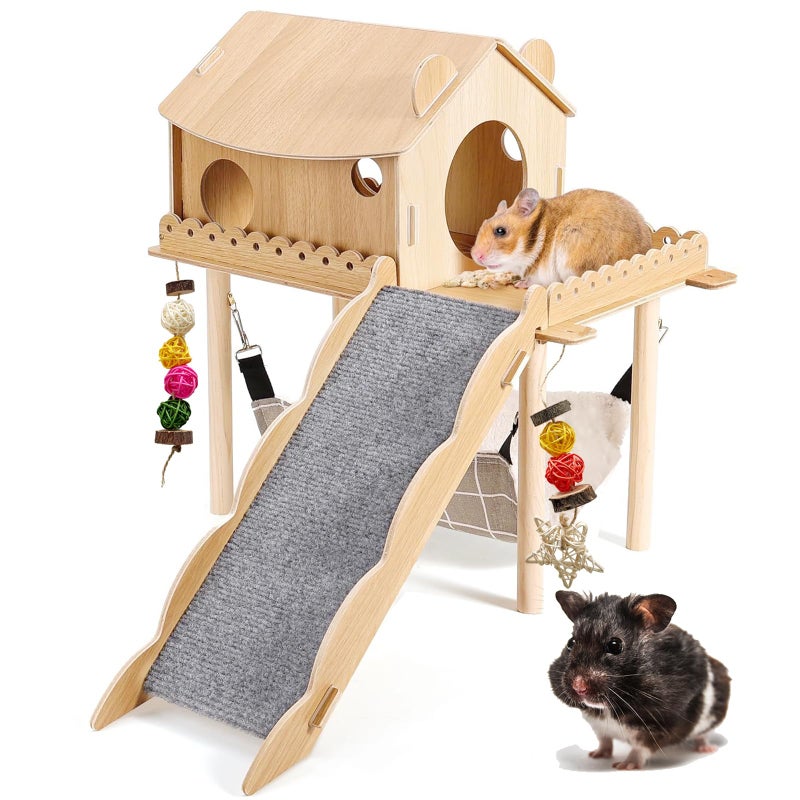 PStarDMoon 3-in-1 Guinea Pig Hideout, Large Wooden Guinea Pig House with Stairs, Hammock, Mat, and Chew Toys, Suitable for Small Rabbits, Guinea Pigs, Hamsters, and Other Rodents (Style 1) - Image 1