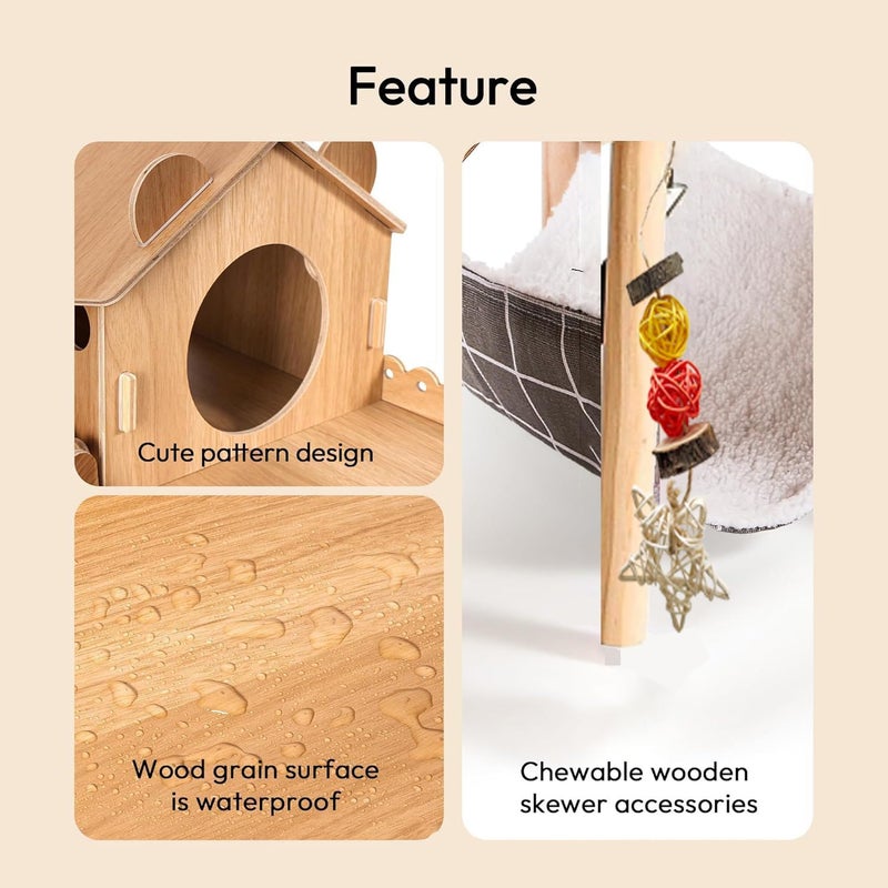 PStarDMoon 3-in-1 Guinea Pig Hideout, Large Wooden Guinea Pig House with Stairs, Hammock, Mat, and Chew Toys, Suitable for Small Rabbits, Guinea Pigs, Hamsters, and Other Rodents (Style 1) - Image 3