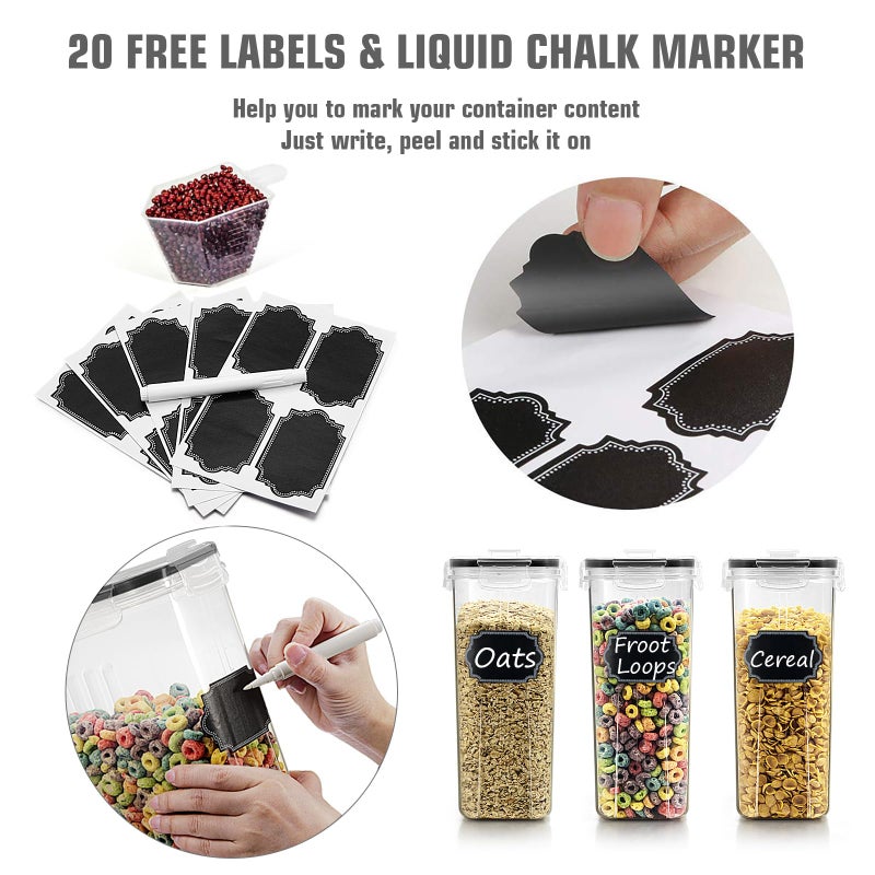 Wildone Wildone Cereal Storage Containers Set, Large BPA Free Plastic Airtight Food Storage Containers 4L for Cereal, Flour, Sugar, 6 Piece Set Cereal Dispensers with 20 Labels & Marker, Black  - Image 5