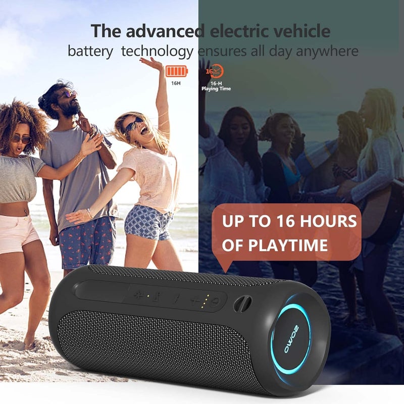 اس او دبليو او مكبر صوت محمول ، مكبر صوت بلوتوث لاسلكي، مقاوم للماء IPX7، صوت ستيريو عالٍ بقوة 25 واط، تقنية Bassboom، إقران TWS، ميكروفون مدمج، وقت تشغيل 16 ساعة مع أضواء للاستخدام المنزلي والخارجي - أسود | صوت ستيريو بقوة 25 واط، تقنية Bassboom، إقران TWS، ميكروفون مدمج، وقت تشغيل 16 ساعة مع أضواء للاستخدام المنزلي والخارجي - أسود - Image 4