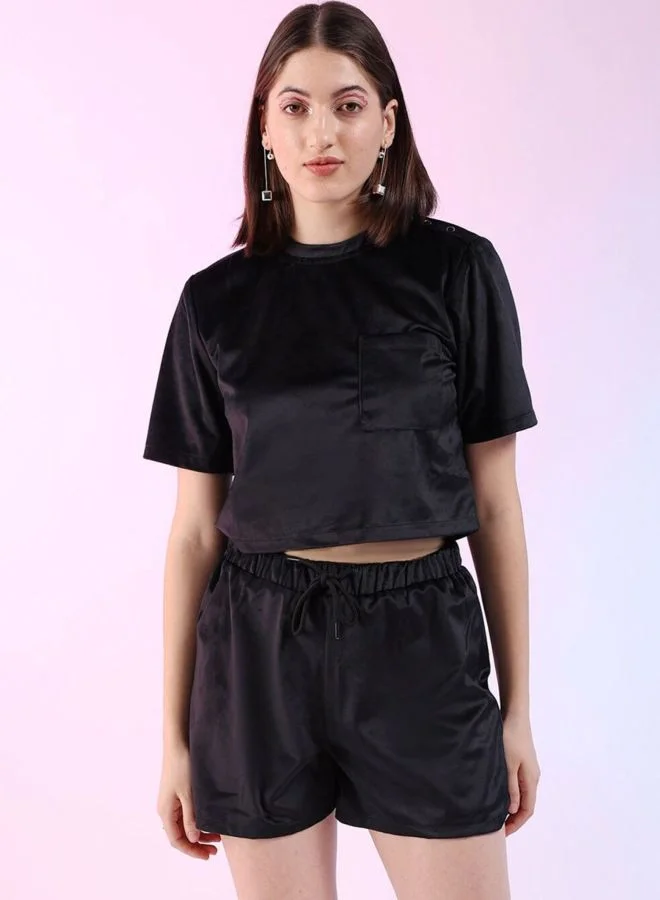 Freehand Women Regular Fit Solid Short Sleeve Mid Rise Round Neck Top With Shorts Lounge Set