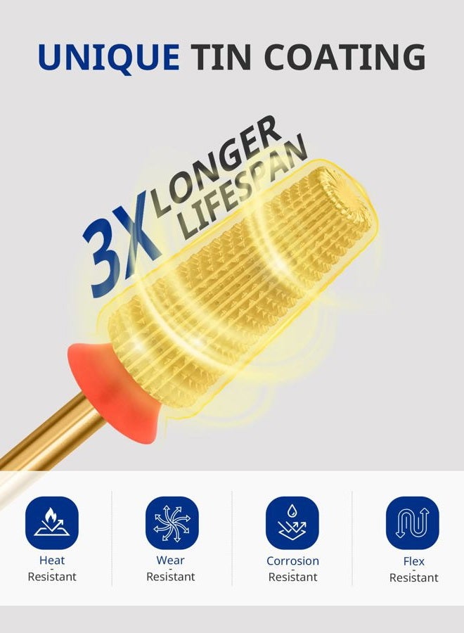 AIRSEE بت حفر الأظافر أكريليك 5 في 1 من كربيد التنجستن، رأس آلة كهربائية، نصيحة لتلميع الأظافر، إزالة سريعة للجيل 3/32"، استخدام تقني احترافي بطريقتين، ذهب TiN ناعم-F+XF+2XF - Image 2