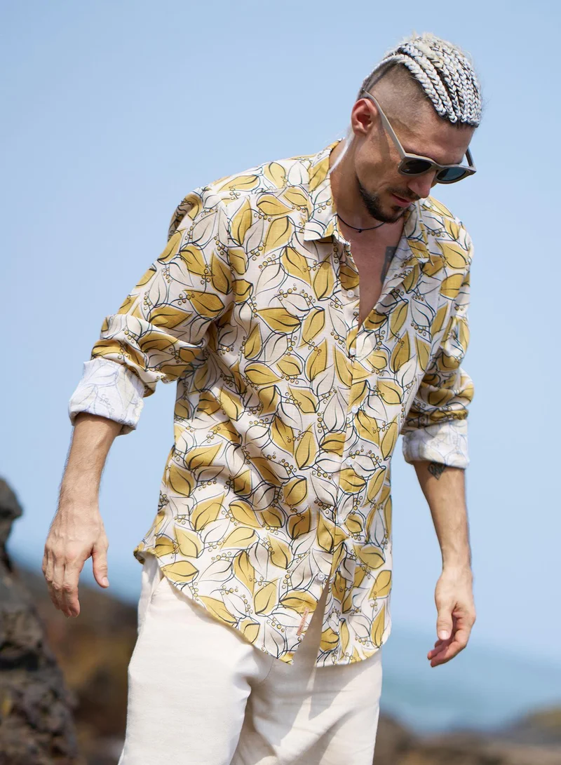 Campus Sutra Campus Sutra Men's Yellow Ochre Leaflet Imprint Shirt For Casual Wear | Spread Collar | Long Cuffed Sleeves | Button Closure | Shirt Crafted With Comfort Fit For Everyday Wear