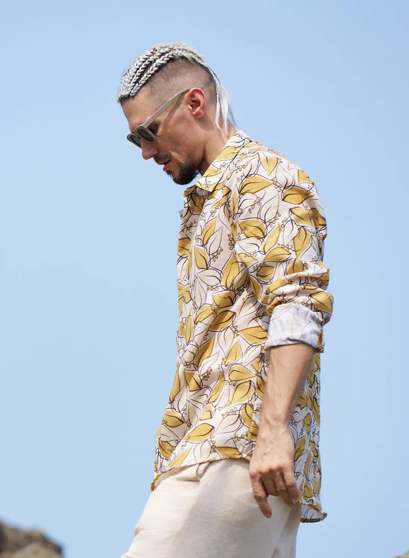 Campus Sutra Campus Sutra Men's Yellow Ochre Leaflet Imprint Shirt For Casual Wear | Spread Collar | Long Cuffed Sleeves | Button Closure | Shirt Crafted With Comfort Fit For Everyday Wear