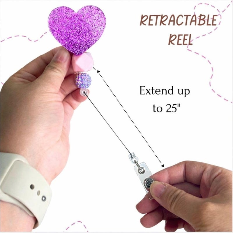 YJ PREMIUMS Purple Heart Badge Reel Cute Sparkly Bling Violet Lilac ID Name Holder with Retractable Clip Hospital School Medical Office Accessories Gift for Teachers Nurses Medical Assistant Healthcare Workers - Image 3
