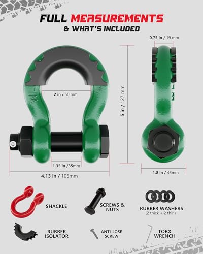 AMBULL Shackles 3/4" D Ring Shackle (2 Pack) 45,000lb Break Strength with 7/8" Pin, Anti Theft Security Screws, Isolator & Washer Kits for Use with Tow Strap Winch Truck Vehicle Recovery, DarkGreen - Image 3