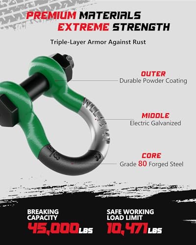 AMBULL Shackles 3/4" D Ring Shackle (2 Pack) 45,000lb Break Strength with 7/8" Pin, Anti Theft Security Screws, Isolator & Washer Kits for Use with Tow Strap Winch Truck Vehicle Recovery, DarkGreen - Image 4