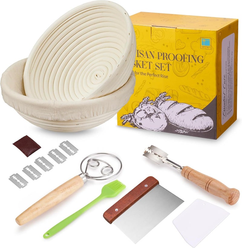 Dimpola Banneton Bread Proofing Basket Banneton Basket Set Sourdough Proofing Basket Round Proofing Bowls Handmade Rattan Baskets and Liners (Round of 2 Gift Set) - Image 1