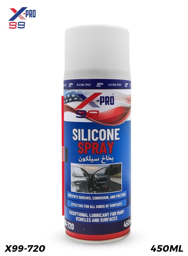 X Pro 99 X-PRO 99 Silicone Spray Lubricant 450ml (X99-720), Multi-Purpose Silicone Lubrication Spray for Car Door Rubber, Dashboard, Plastic, Metal, Prevents Squeaks, Friction, Rust, and Corrosion - Image 1