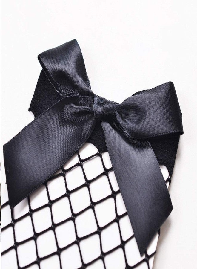 CheeseandU 2Pcs Women Fishnet Socks, Mesh Lace Short Ankle Socks with Bowknot Decor White+Black - Image 2