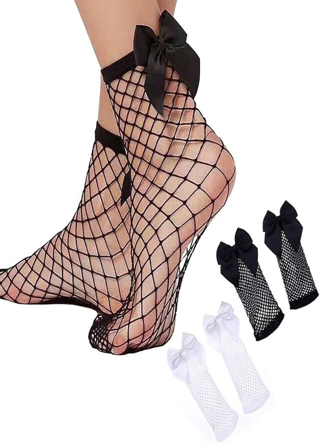 CheeseandU 2Pcs Women Fishnet Socks, Mesh Lace Short Ankle Socks with Bowknot Decor White+Black - Image 1
