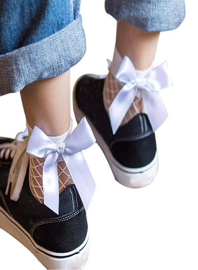 CheeseandU 2Pcs Women Fishnet Socks, Mesh Lace Short Ankle Socks with Bowknot Decor White+Black - Image 3