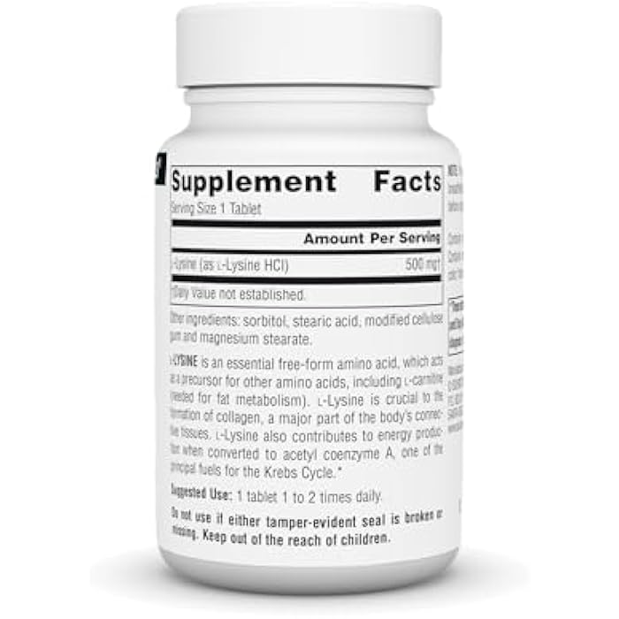 Source Naturals L-Lysine Free Form -Amino Acid Supplement Supports Energy Formation & Collagen* - 500 mg- 50 Tablets - Image 2