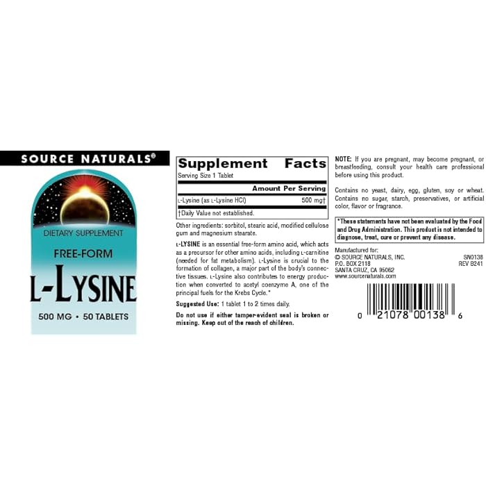 Source Naturals L-Lysine Free Form -Amino Acid Supplement Supports Energy Formation & Collagen* - 500 mg- 50 Tablets - Image 4
