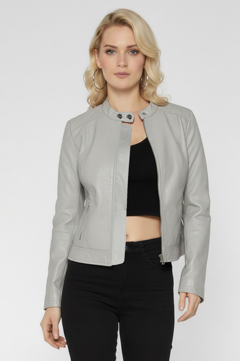 armani Emporio Armani Women Solid Motorcycle Jacket, Grey - Image 2