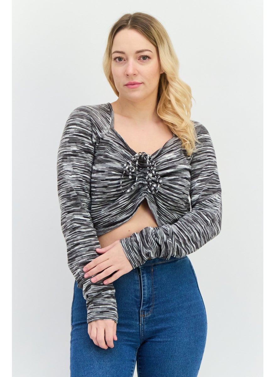LOST INK Women V-Neck Long Sleeve Heather Top, Grey  - Image 1