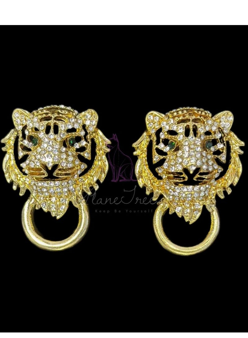 PLANE TREES Gold Tiger Head Stud Earrings – Crystal-Embellished Animal Design for Bold Statement Look - Image 1