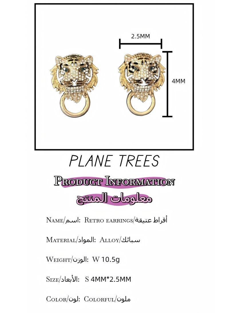 PLANE TREES Gold Tiger Head Stud Earrings – Crystal-Embellished Animal Design for Bold Statement Look - Image 3