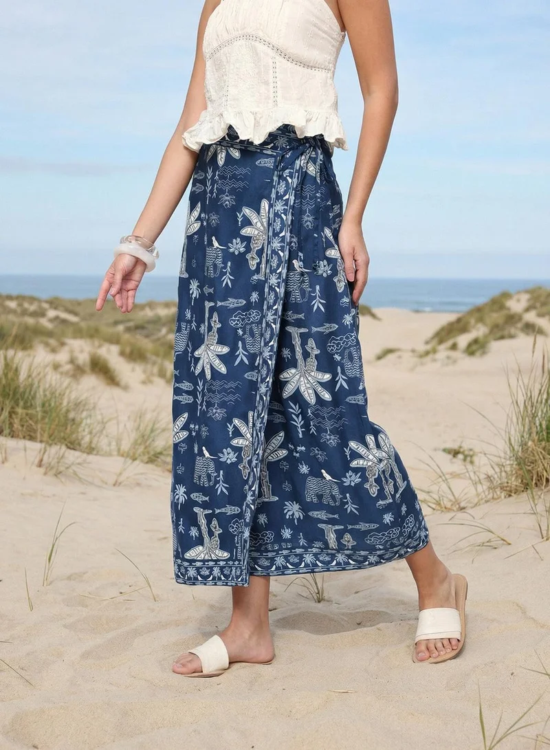ISHIN Indigo 100% Cotton Printed Maxi A-Line Relaxed Skirt For Women