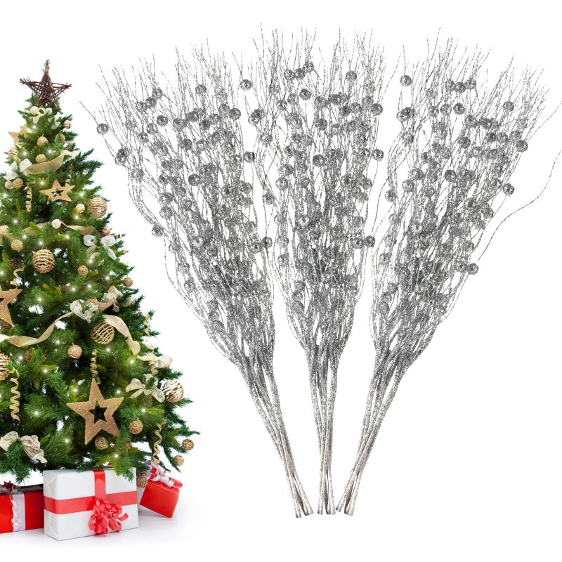 Losris Christmas Artificial Glitter Berry Stem Decorations Decorative Bead Sticks Xmas Picks Glittery Twigs Branches for Christmas Tree Wreath Gift Vase Decor Party Ornaments Silver 24 PCS - Image 2