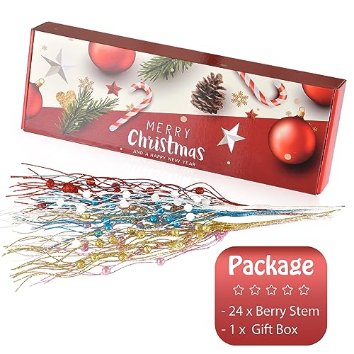 Losris Christmas Artificial Glitter Berry Stem Decorations Decorative Bead Sticks Xmas Picks Glittery Twigs Branches for Christmas Tree Wreath Gift Vase Decor Party Ornaments Silver 24 PCS - Image 3