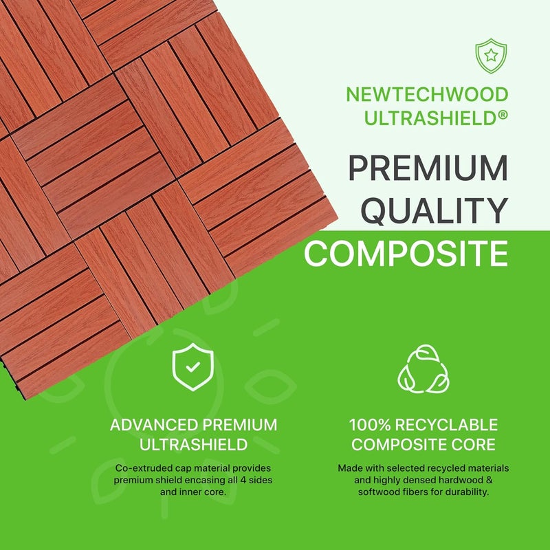 NewTechWood بلاط سطح خارجي مركب سريع التركيب UltraShield Naturale 1 قدم × 1 قدم باللون الأحمر مدريد (10 قدم مربع لكل صندوق) - Image 2