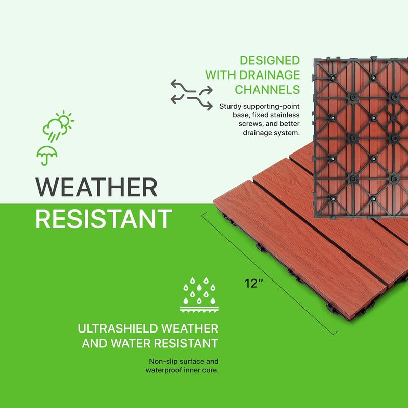 NewTechWood بلاط سطح خارجي مركب سريع التركيب UltraShield Naturale 1 قدم × 1 قدم باللون الأحمر مدريد (10 قدم مربع لكل صندوق) - Image 4