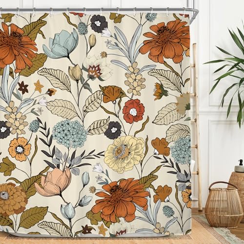 Miyotaa Flower Shower Curtain Set 60Wx71H Inches Vintage Retro Burnt Orange Blossom Botanical Plant Polyester Waterproof Cloth Bathroom Curtain with 12 Hooks - Image 1