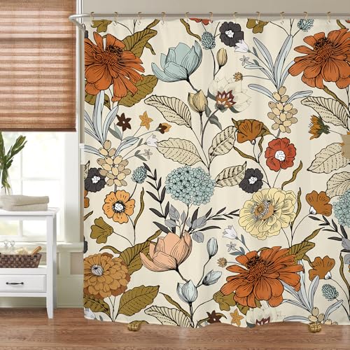 Miyotaa Flower Shower Curtain Set 60Wx71H Inches Vintage Retro Burnt Orange Blossom Botanical Plant Polyester Waterproof Cloth Bathroom Curtain with 12 Hooks - Image 5