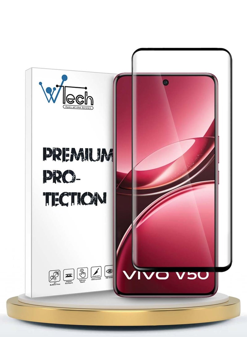 دبليو تيك vivo V50 5G 2025 Premium Edge-Pro Full Glue بغطاء كامل واقي شاشة من الزجاج المقسى (MSGPCN) - شفاف / أسود - Image 1