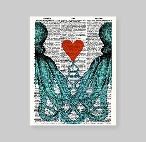 Susie Arts 8X10 Unframed Octopus Couple in Love Octopus Red Heart Upcycled Vintage Dictionary Art Print Eco Friendly Book Art Print Home Decor Wall Art V137 - Image 2