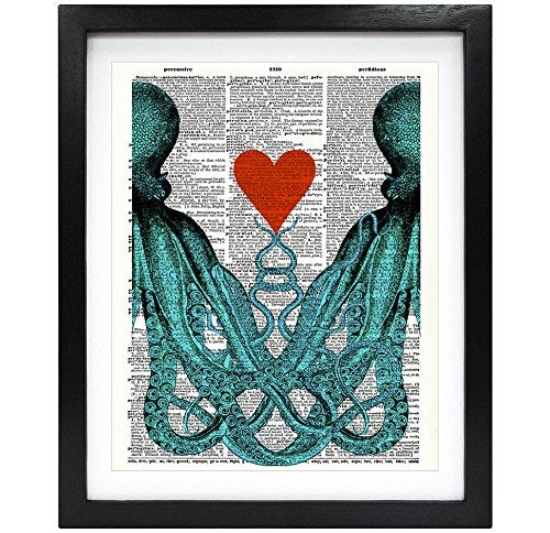 Susie Arts 8X10 Unframed Octopus Couple in Love Octopus Red Heart Upcycled Vintage Dictionary Art Print Eco Friendly Book Art Print Home Decor Wall Art V137 - Image 3