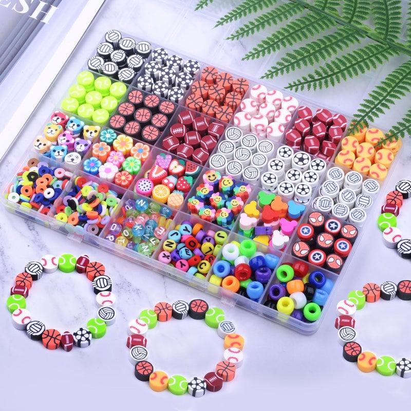 BBita 1000PCS Sports Polymer Clay Beads Bracelet Making kit, 24 Style Cute Fun Ball Beads Baseball Basketball Soccer Rugby Volleyball Football Charms, DIY Bracelet Making kit - Image 2